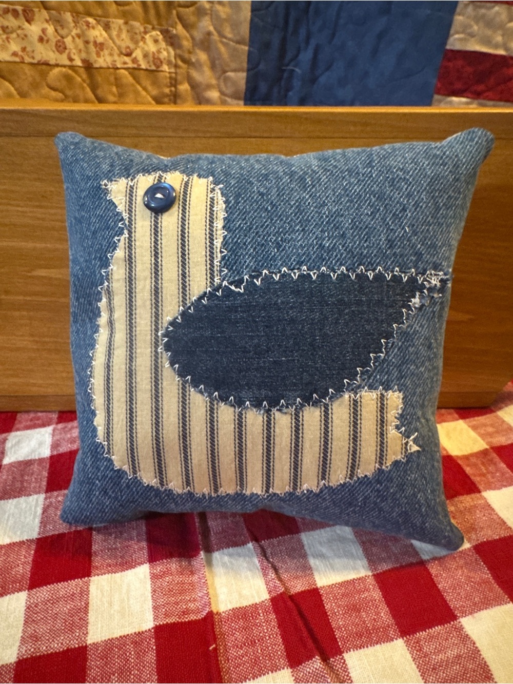 Denim Duck Applique Throw Pillow - Blue and Cream
